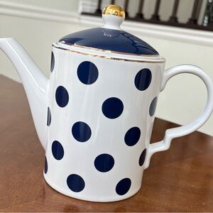 NEW WHITE+ROYAL NAVY BLUE POLK DOT,GOLD TRIM COFFEE,TEA POT 36 OZ.